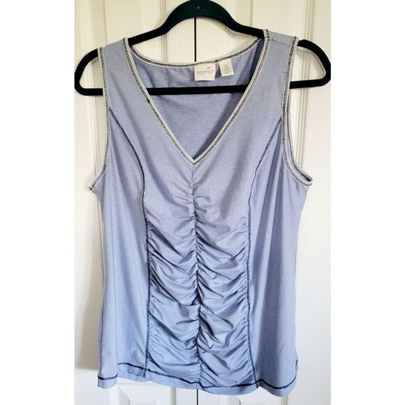 Chico's Zenergy 2  Sleeveless Tunic Top Size Large Blue White Striped Rouge Frnt - Picture 1 of 7